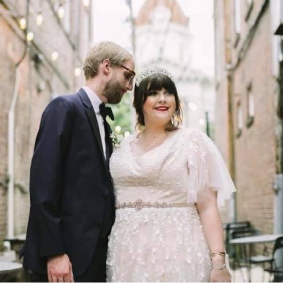 Plus size vintage wedding dress flutter sleeve and open back blush under layer - Picture 8 of 15